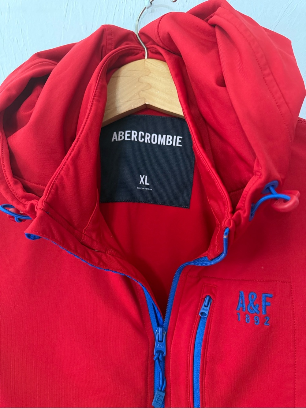 Abercrombie Red Hooded Bomber Jacket with Blue Trim